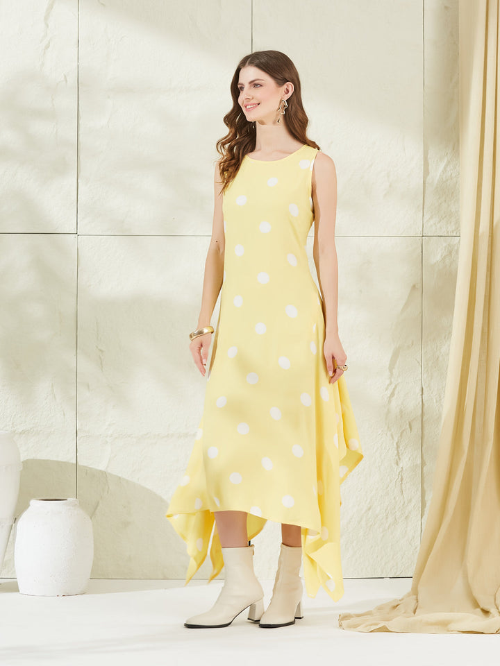 Yellow Rayon Polka Dots Midi Dress