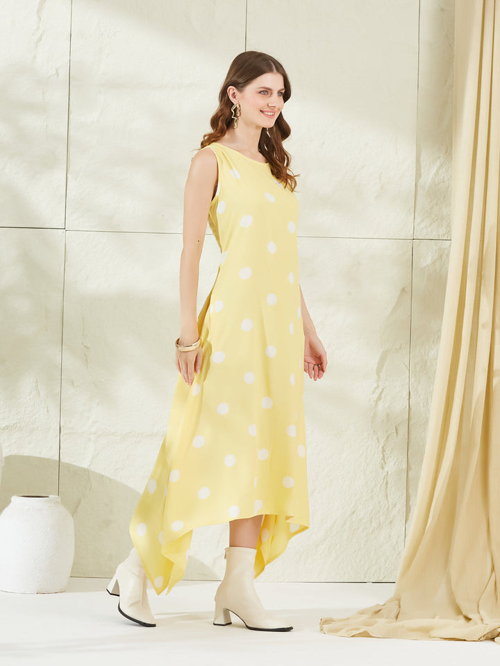 Yellow Rayon Polka Dots Midi Dress