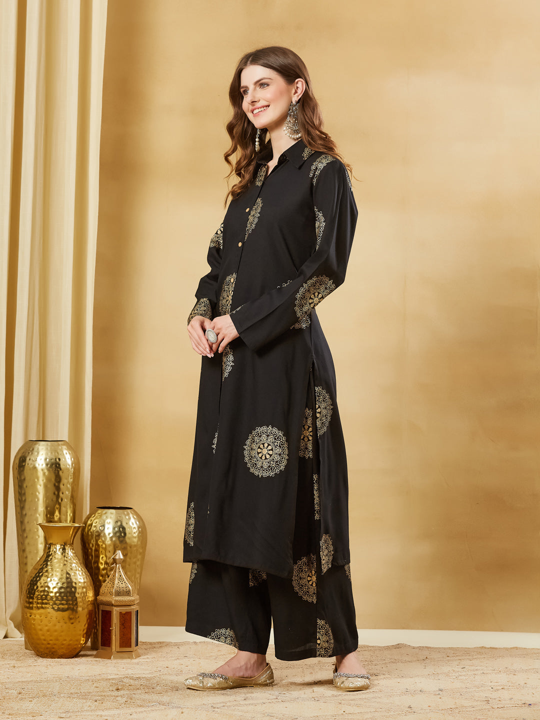 Black Rayon Foil Print Kurta Palazzo Sets