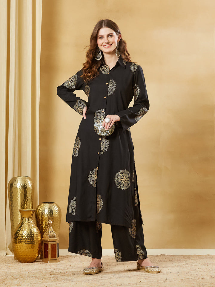 Black Rayon Foil Print Kurta Palazzo Sets