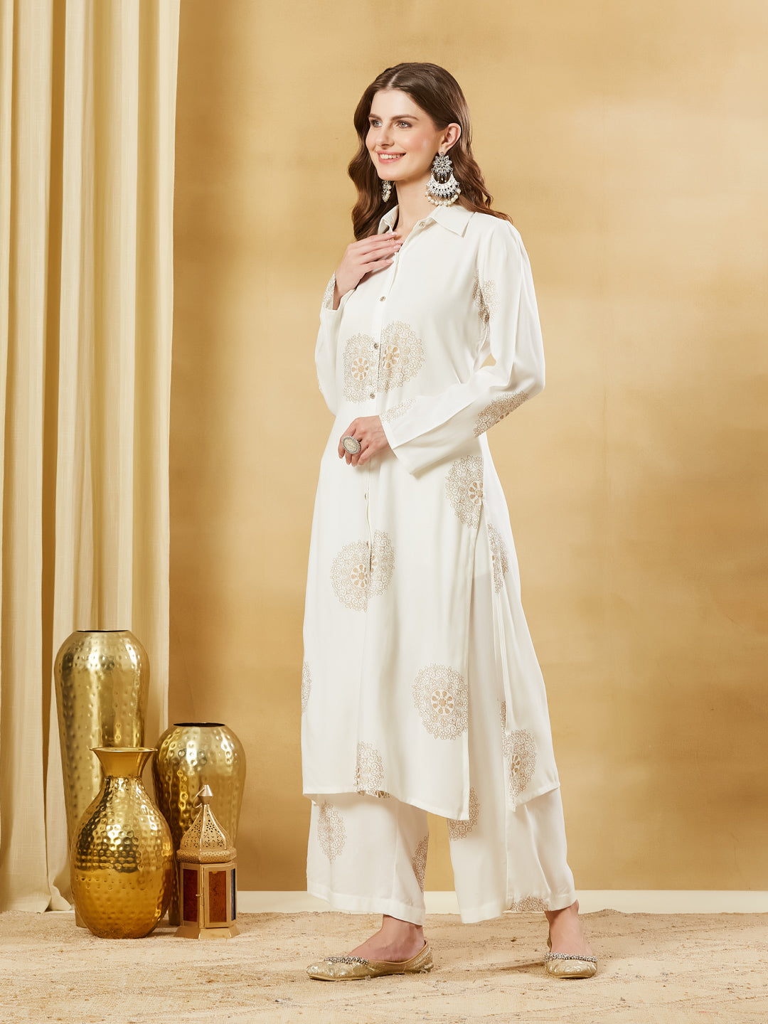 White Rayon Foil Print Kurta Palazzo Sets