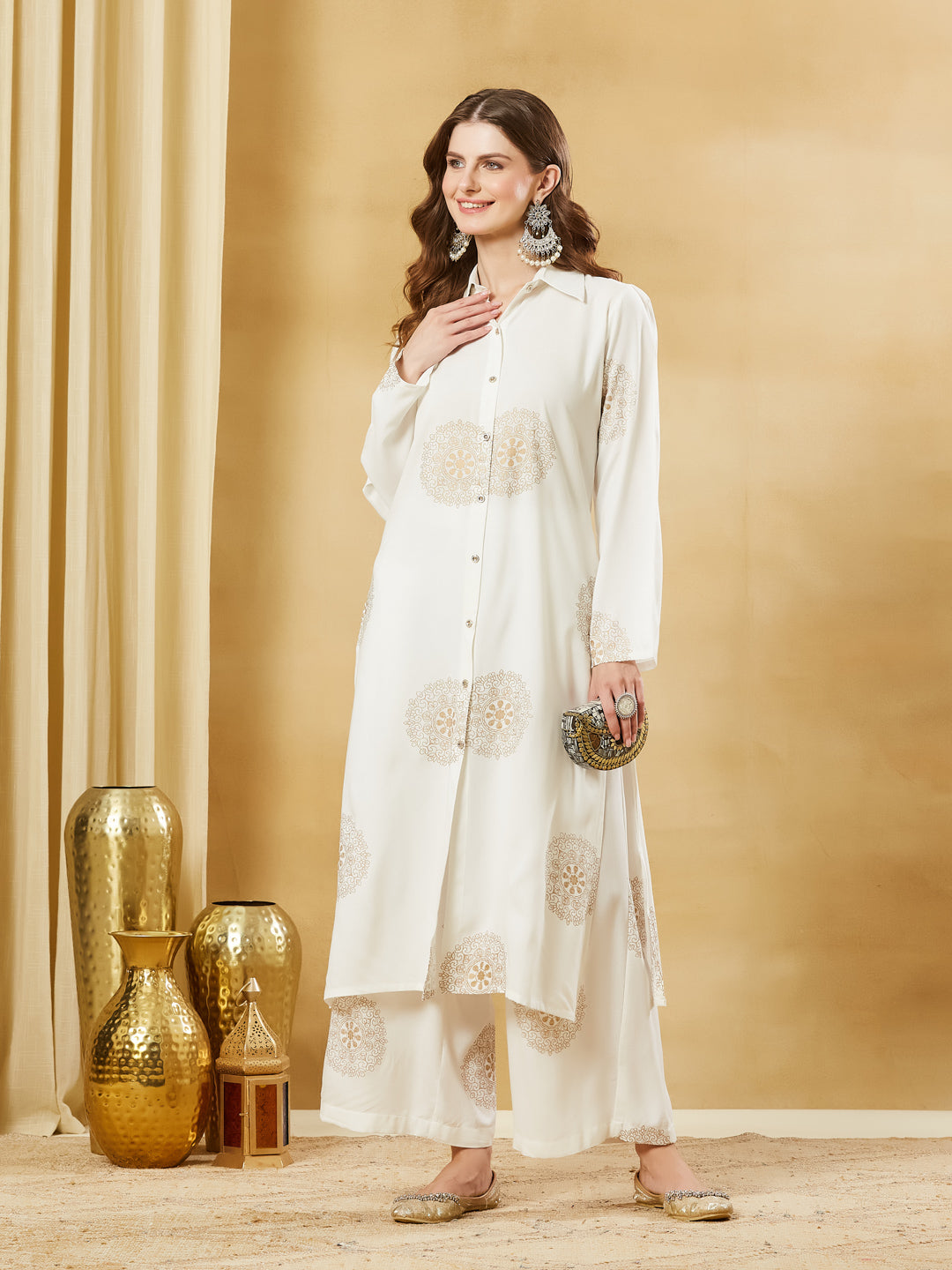 White Rayon Foil Print Kurta Palazzo Sets