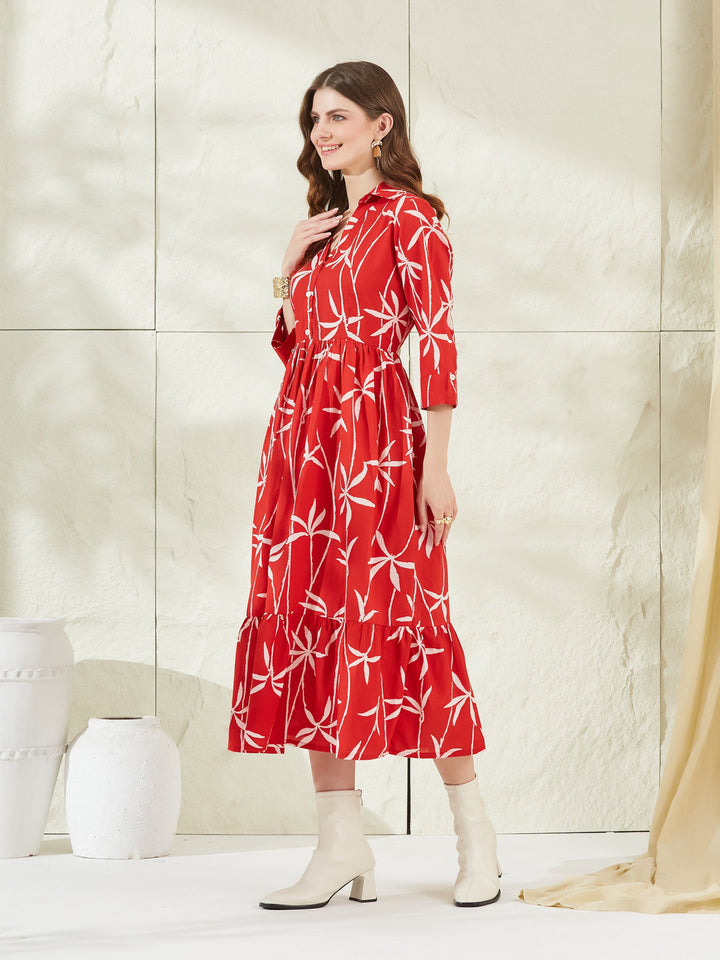 Red Cotton Shirt Coller Midi Dress