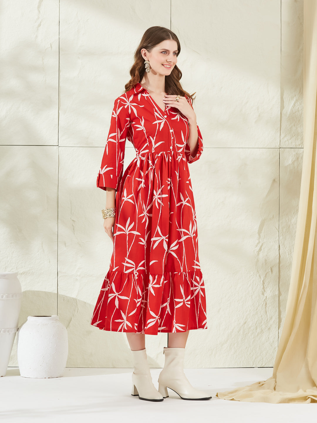 Red Cotton Shirt Coller Midi Dress