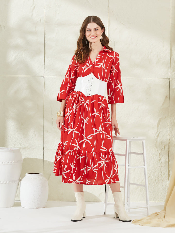 Red Cotton Shirt Coller Midi Dress