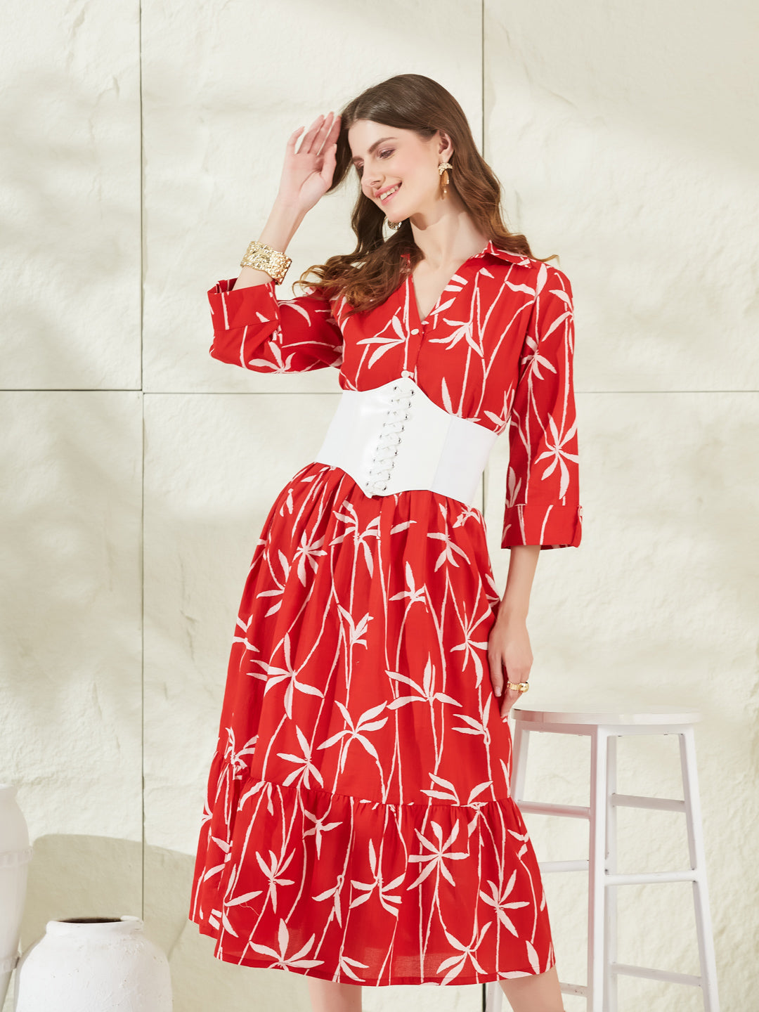 Red Cotton Shirt Coller Midi Dress