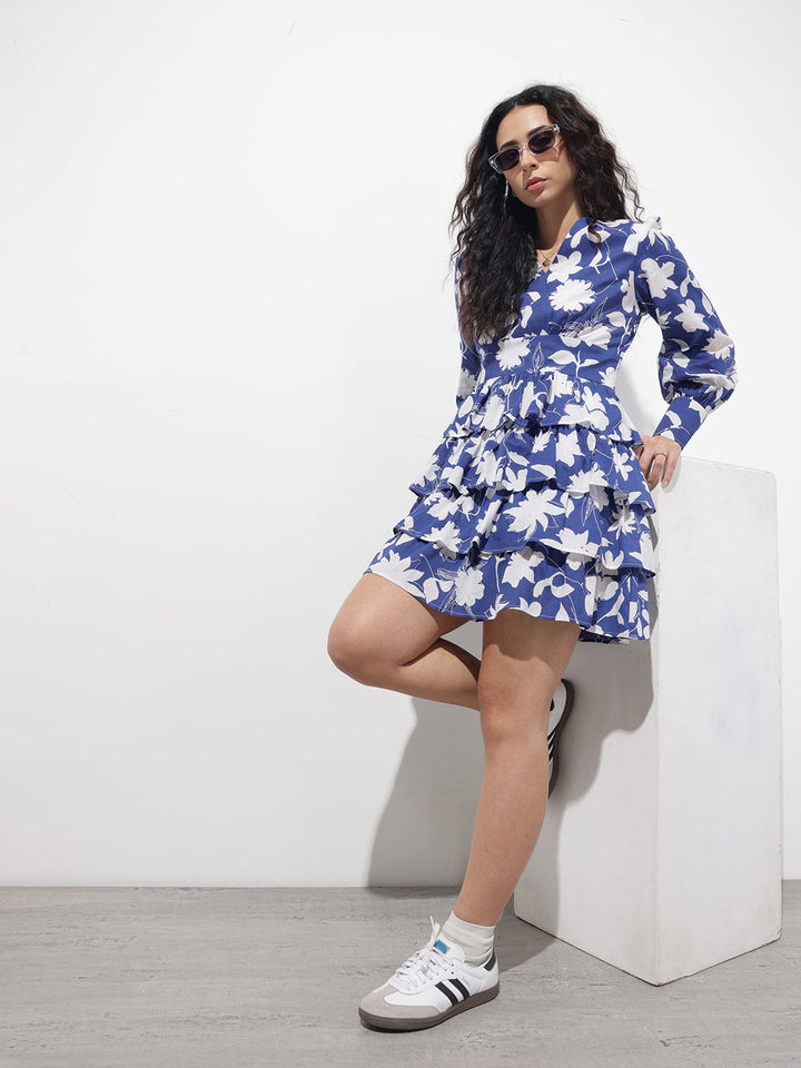 Blue V-Neck Cotton Midi Dress