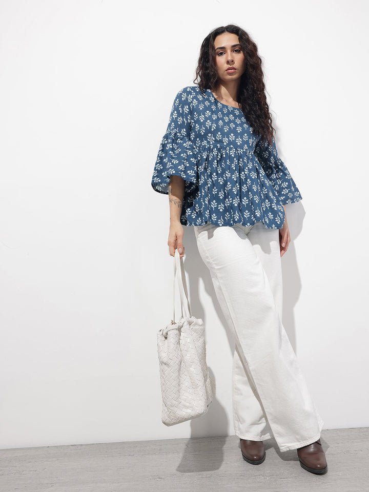 Blue Floral Round Neck Peplum Top