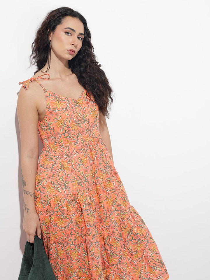 Orange Shoulder Strapes Fit & Flared Cotton Dress