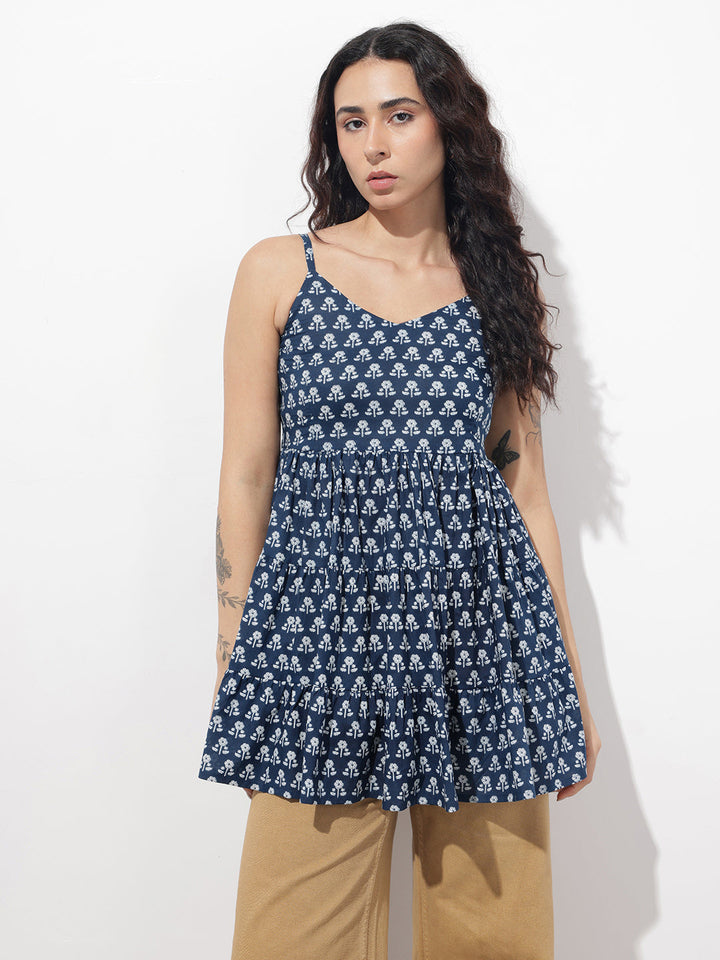 Blue Floral Shoulder Straps Gather Tier Top