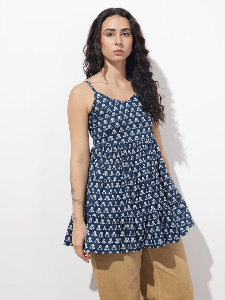 Blue Floral Shoulder Straps Gather Tier Top