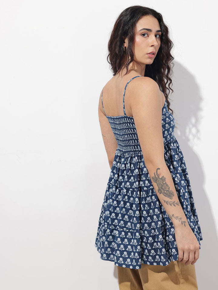 Blue Floral Shoulder Straps Gather Tier Top