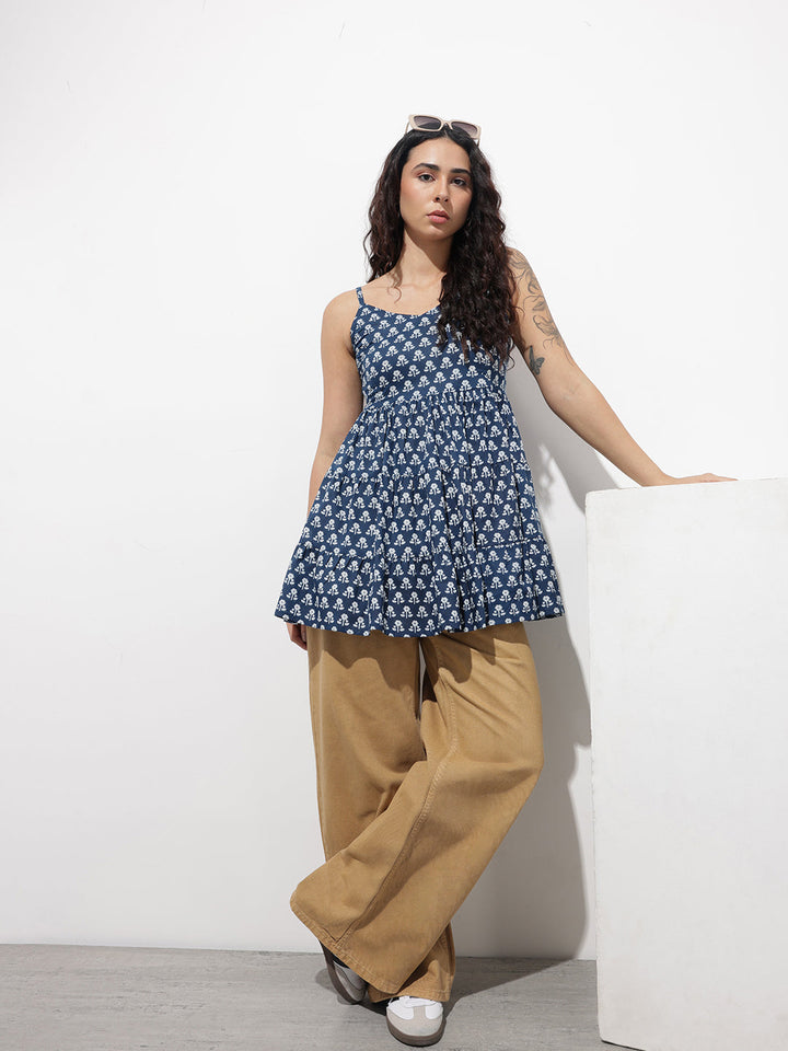 Blue Floral Shoulder Straps Gather Tier Top