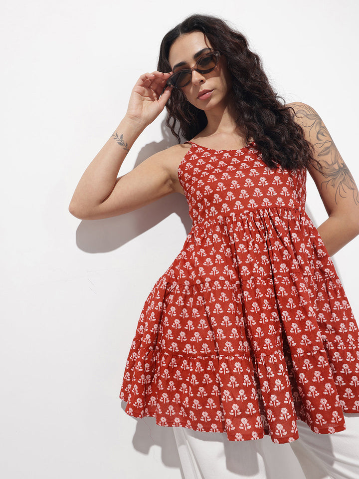 Red Floral Shoulder Straps Gather Tier Top