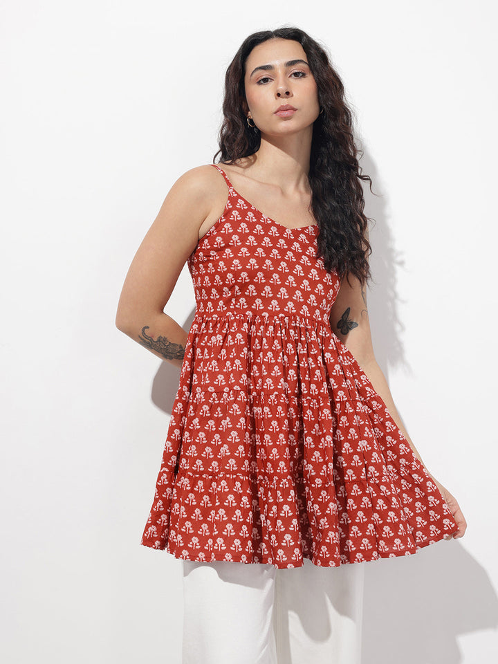 Red Floral Shoulder Straps Gather Tier Top