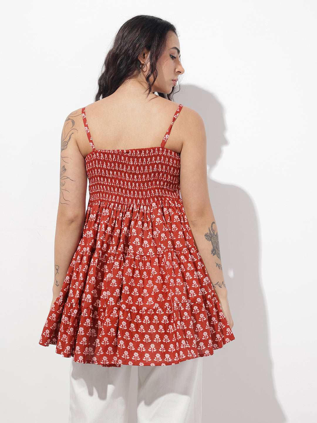 Red Floral Shoulder Straps Gather Tier Top