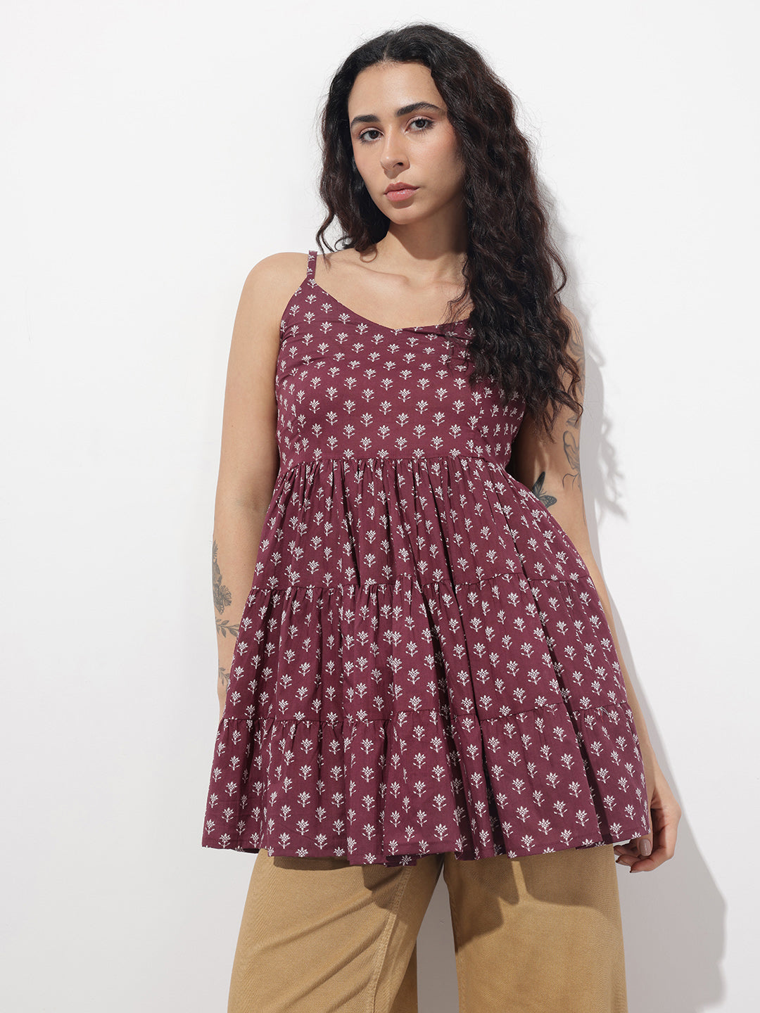 Burgundy Floral Shoulder Straps Gather Tier Top