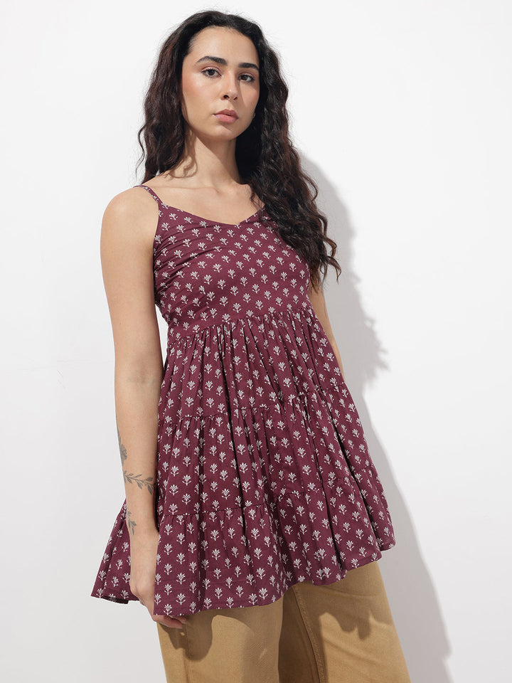 Burgundy Floral Shoulder Straps Gather Tier Top