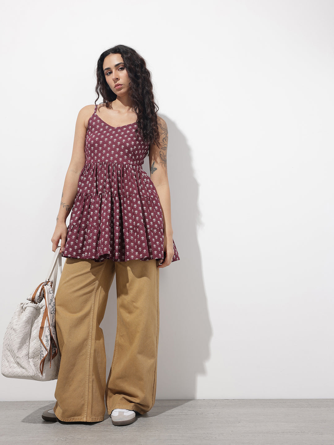 Burgundy Floral Shoulder Straps Gather Tier Top