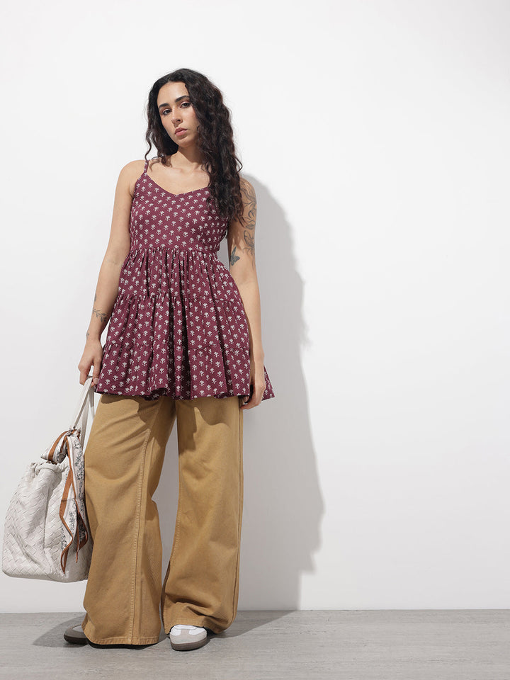 Burgundy Floral Shoulder Straps Gather Tier Top