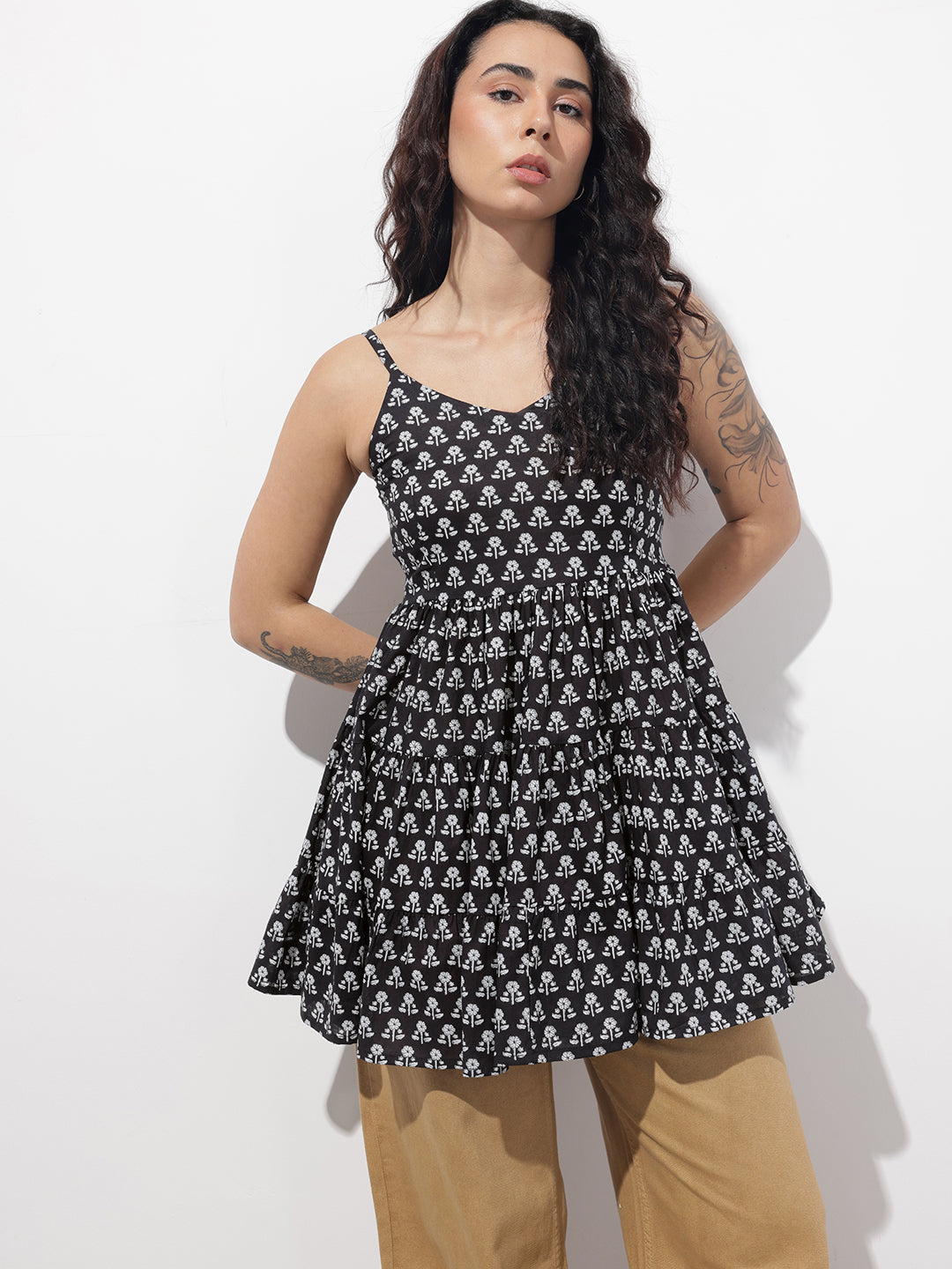 Black Floral Shoulder Straps Gather Tier Top