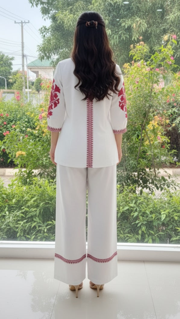 White Solid Pink Embroidary Co-ords Sets