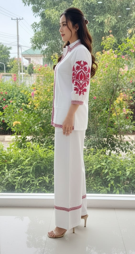White Solid Pink Embroidary Co-ords Sets