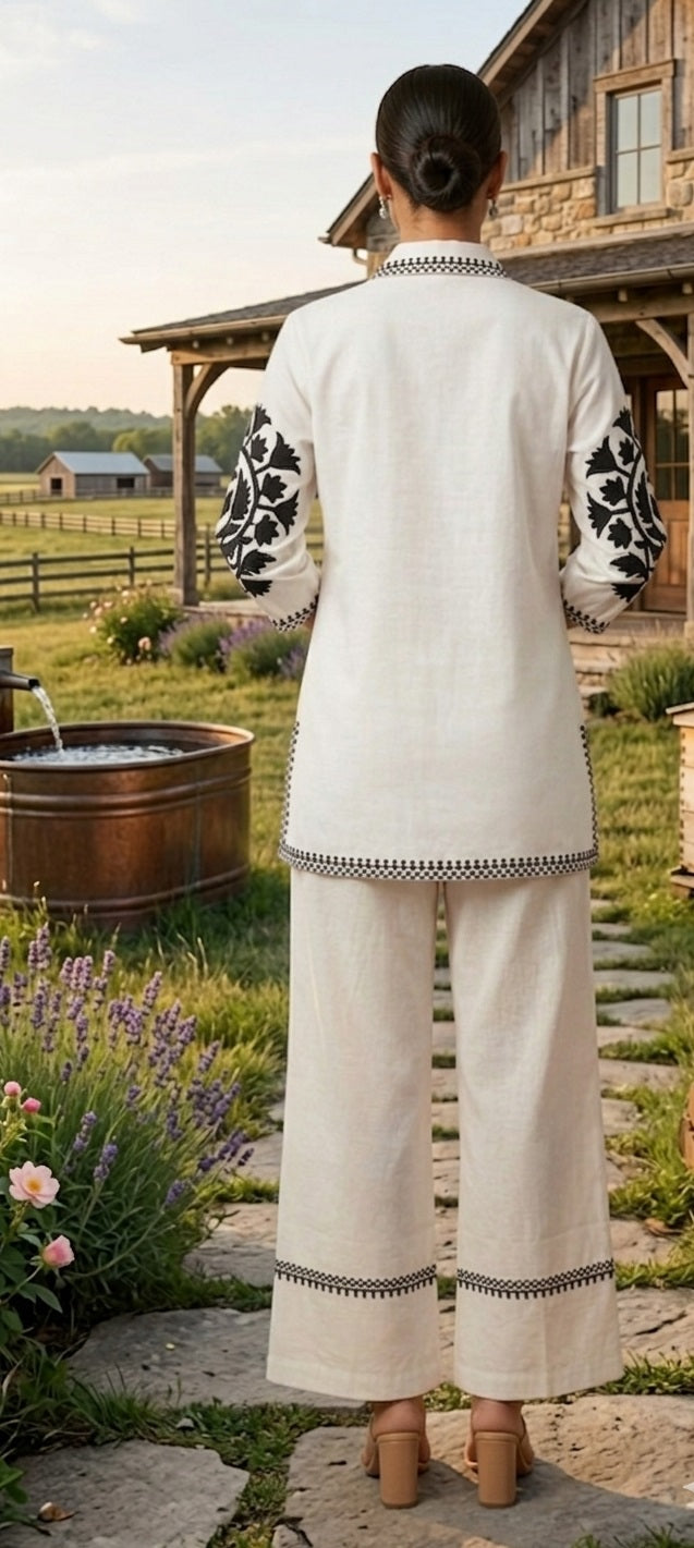 White Solid Black Embroidary Co-ords Sets