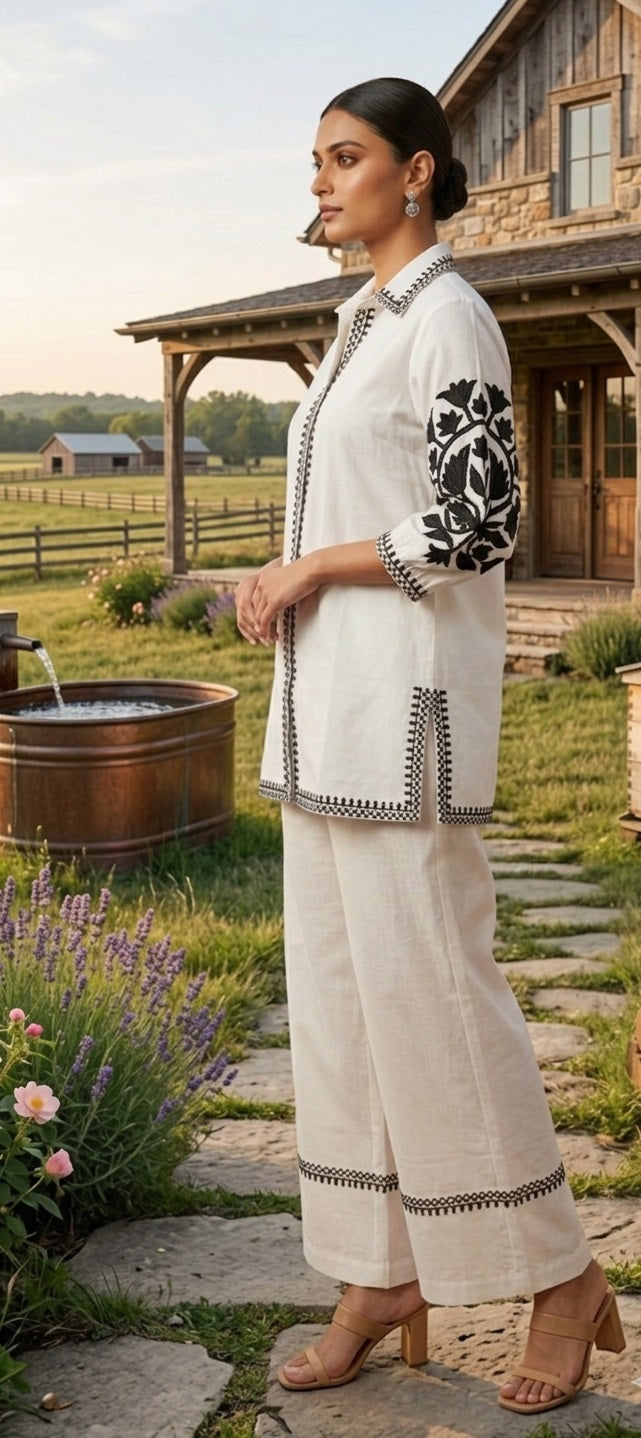 White Solid Black Embroidary Co-ords Sets