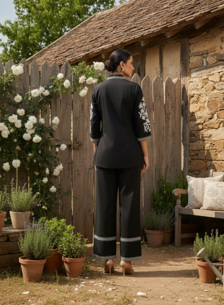 Black Solid White Embroidary Co-ords Sets