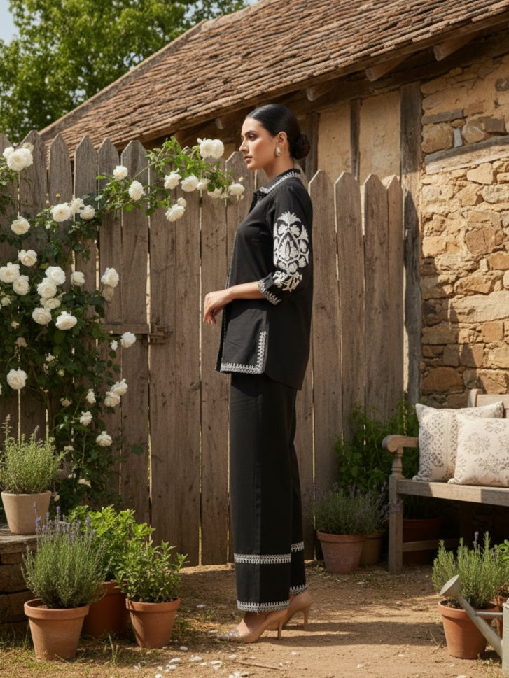 Black Solid White Embroidary Co-ords Sets