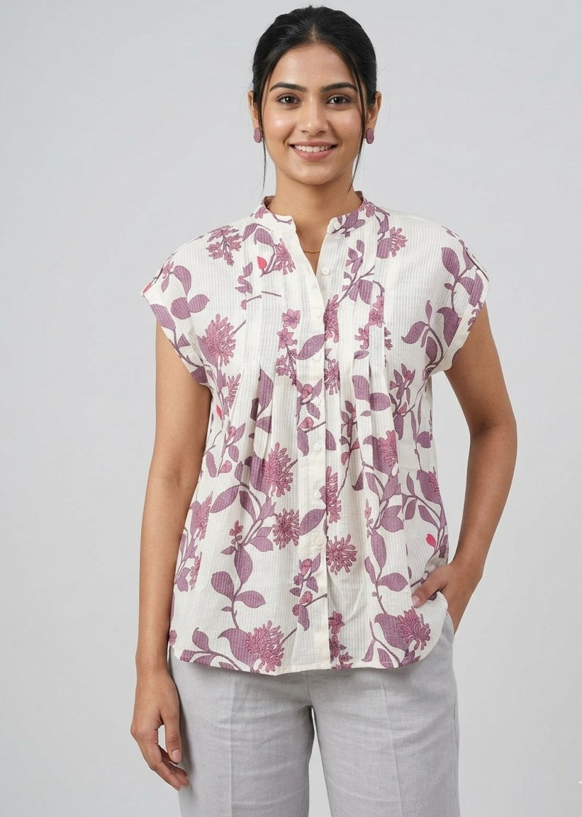White Cotton Purple Floral Top