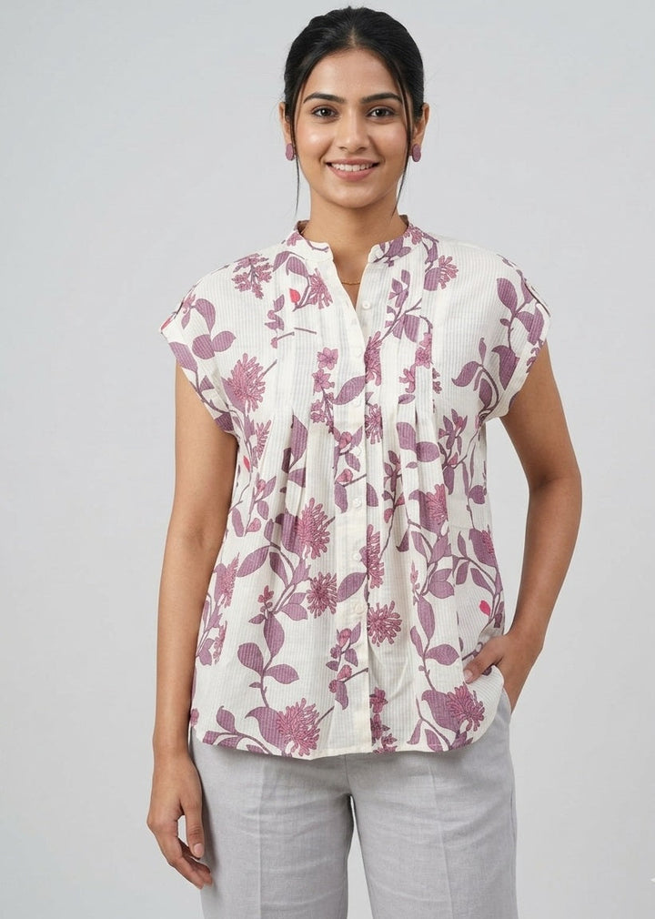 White Cotton Purple Floral Top