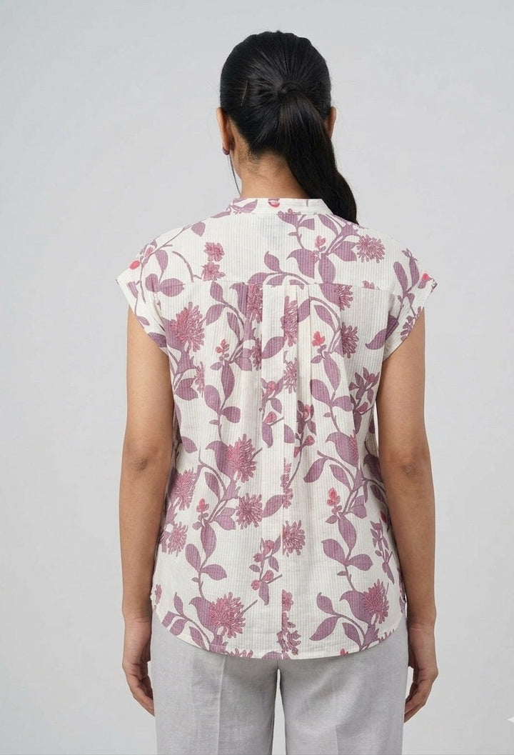 White Cotton Purple Floral Top