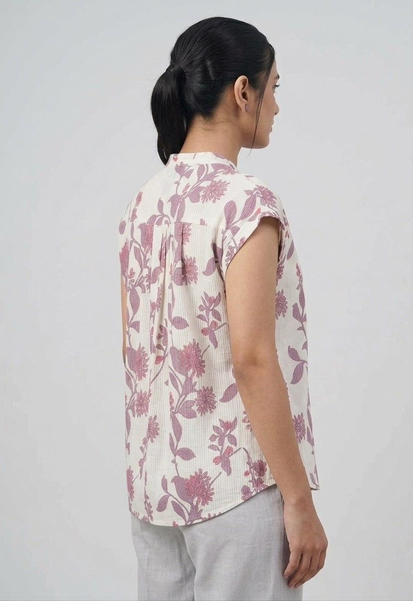White Cotton Purple Floral Top
