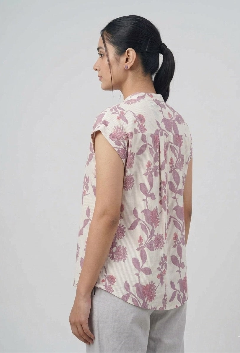 White Cotton Purple Floral Top