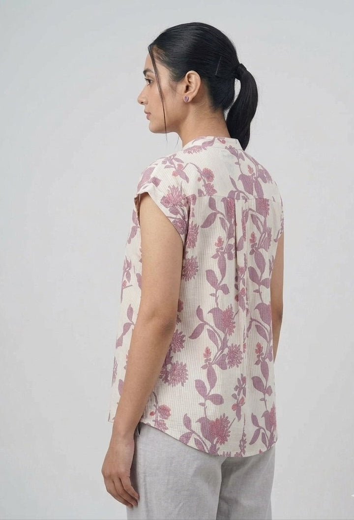 White Cotton Purple Floral Top