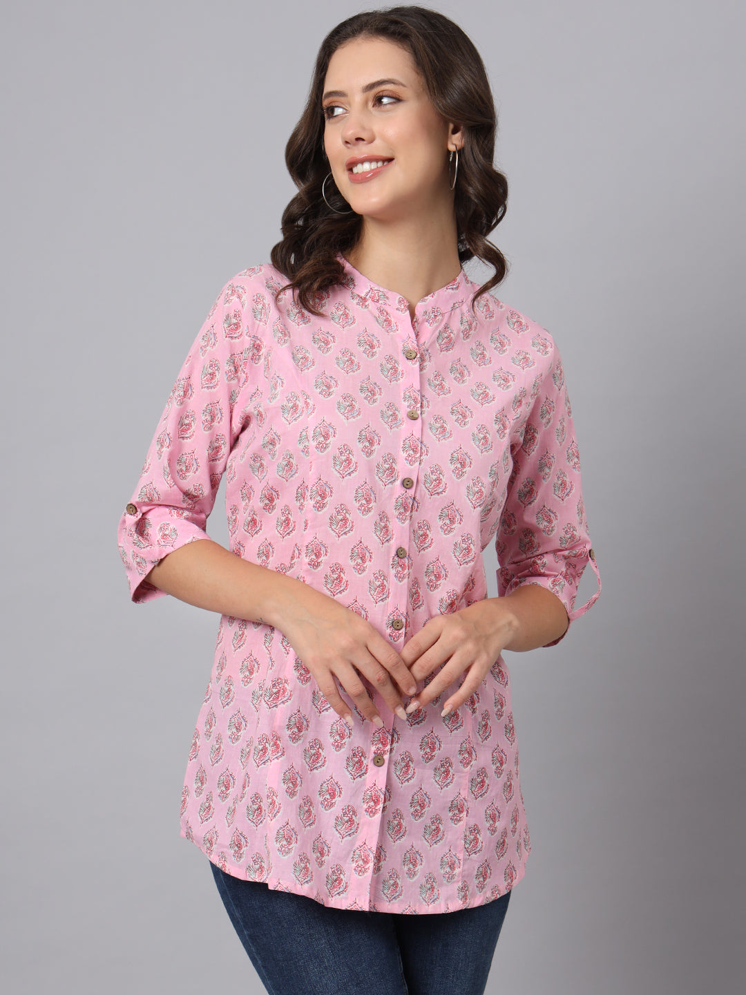 Pink-Floral-Printed-Mandarin-Top-Only