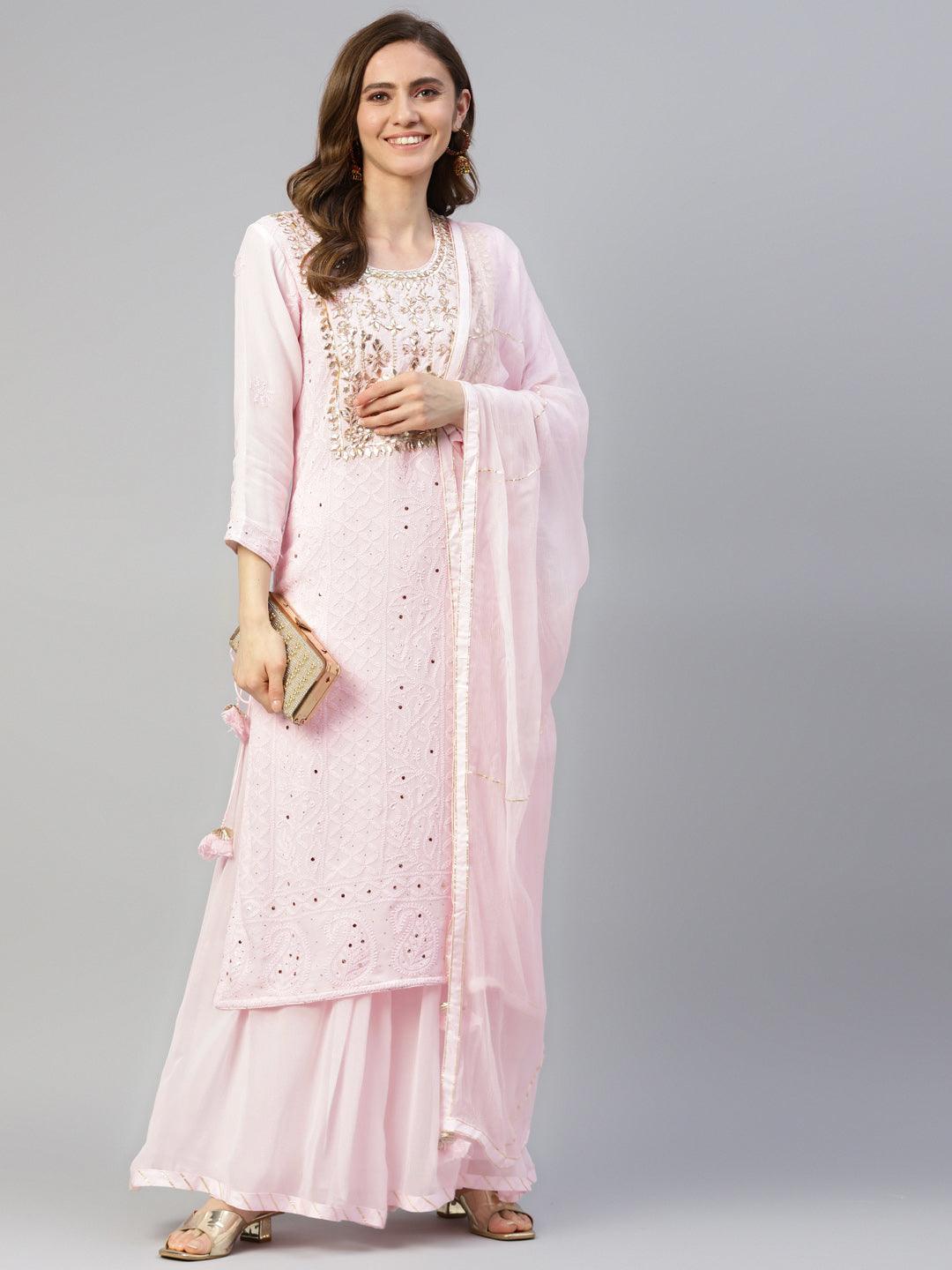 Powder-Pink-Georgette-Chikankari-3-Piece-Kurta-Set