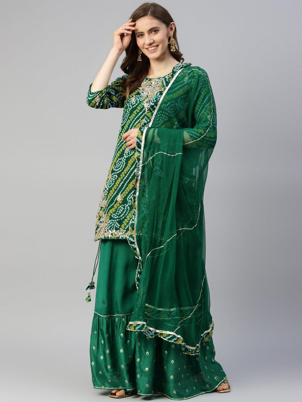 Green-Georgette-Bandhani-Print-3-Piece-Kurta-Set