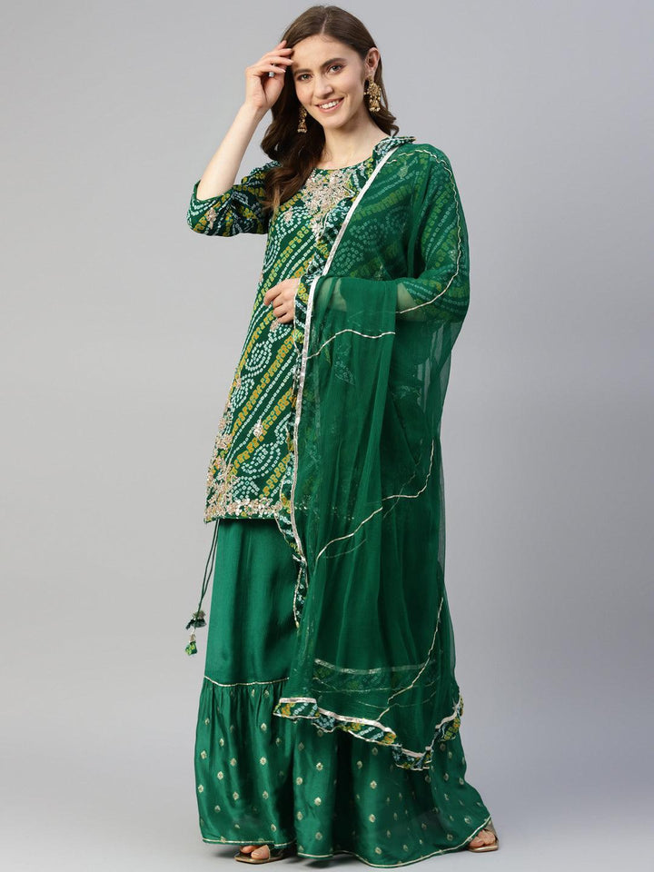 Green-Georgette-Bandhani-Print-3-Piece-Kurta-Set