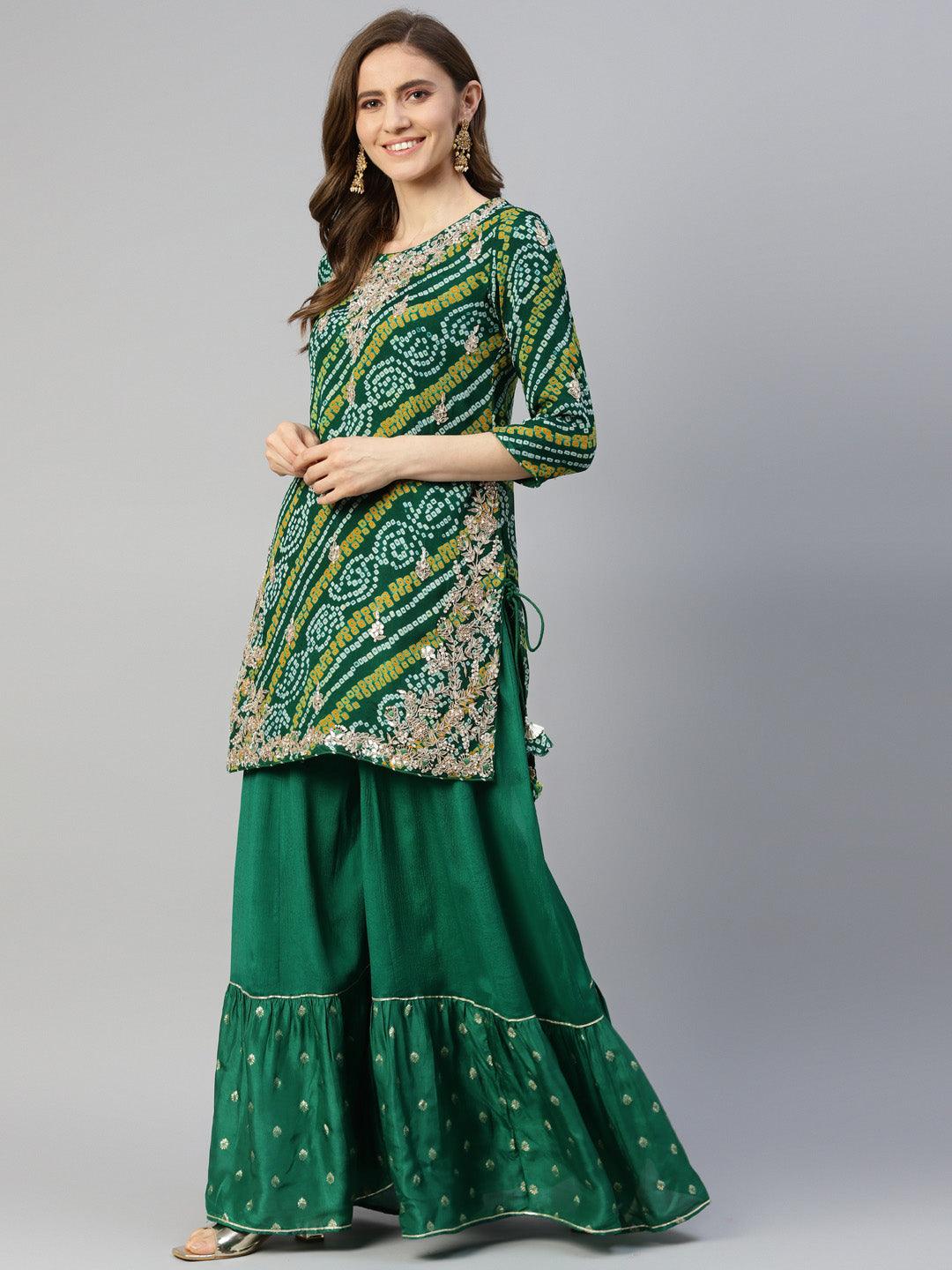 Green-Georgette-Bandhani-Print-3-Piece-Kurta-Set