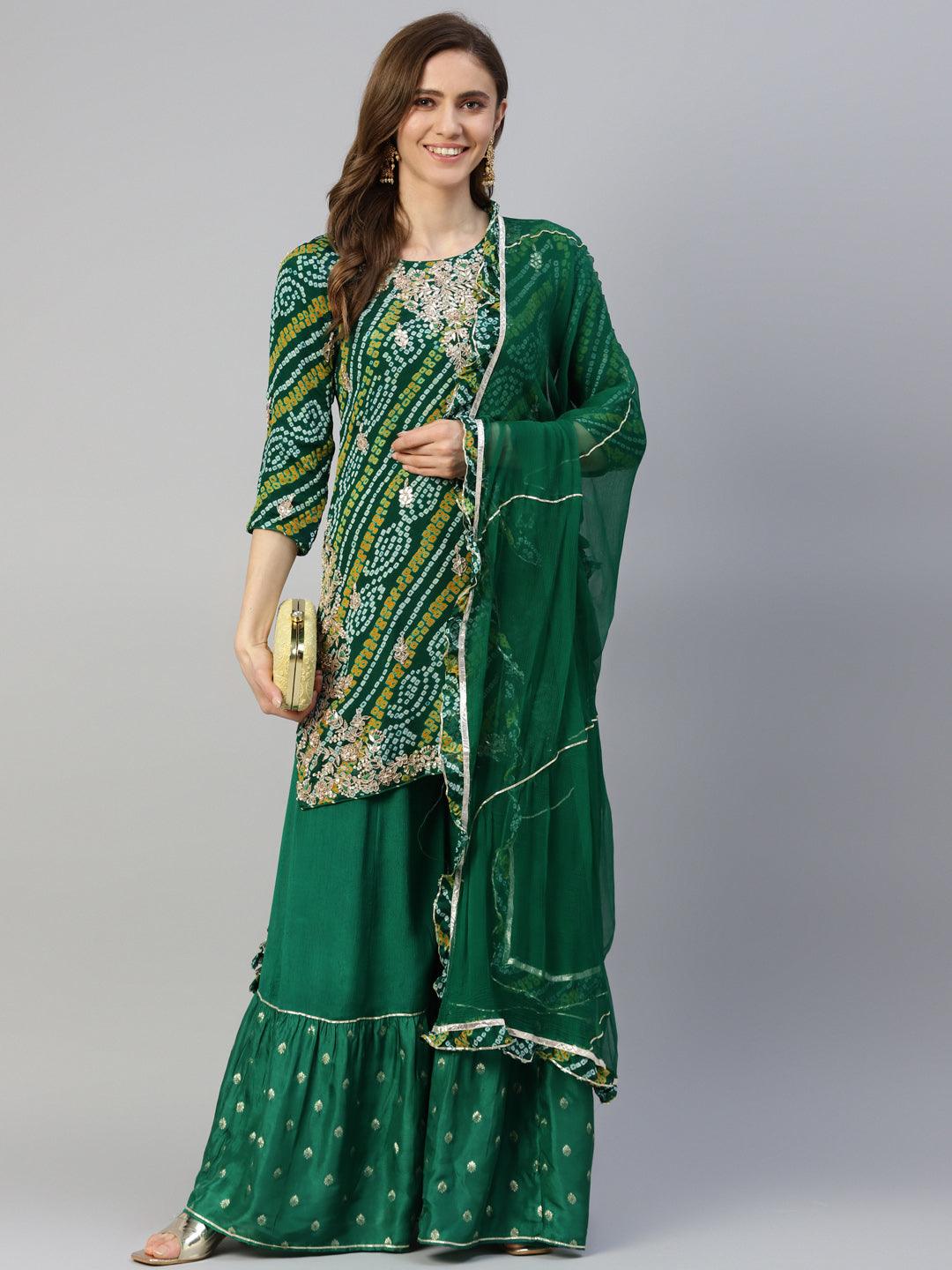Green-Georgette-Bandhani-Print-3-Piece-Kurta-Set