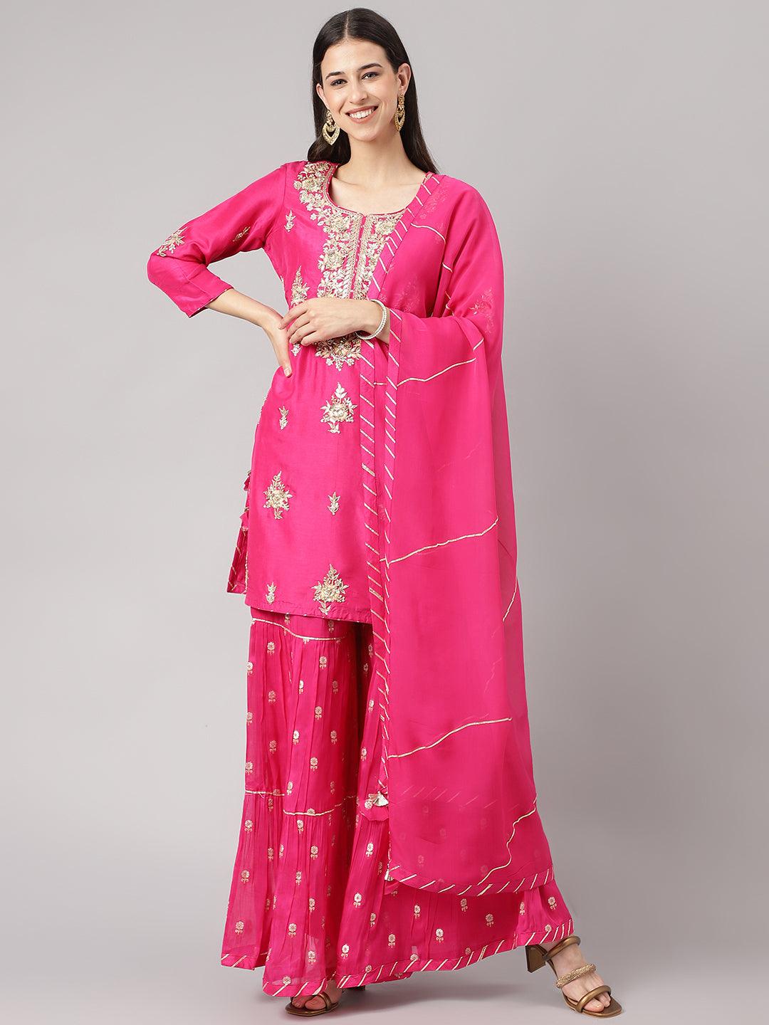 Dark-Pink-Russion-Silk-Hand-Embroiderd-3-Piece-Sharara-Set