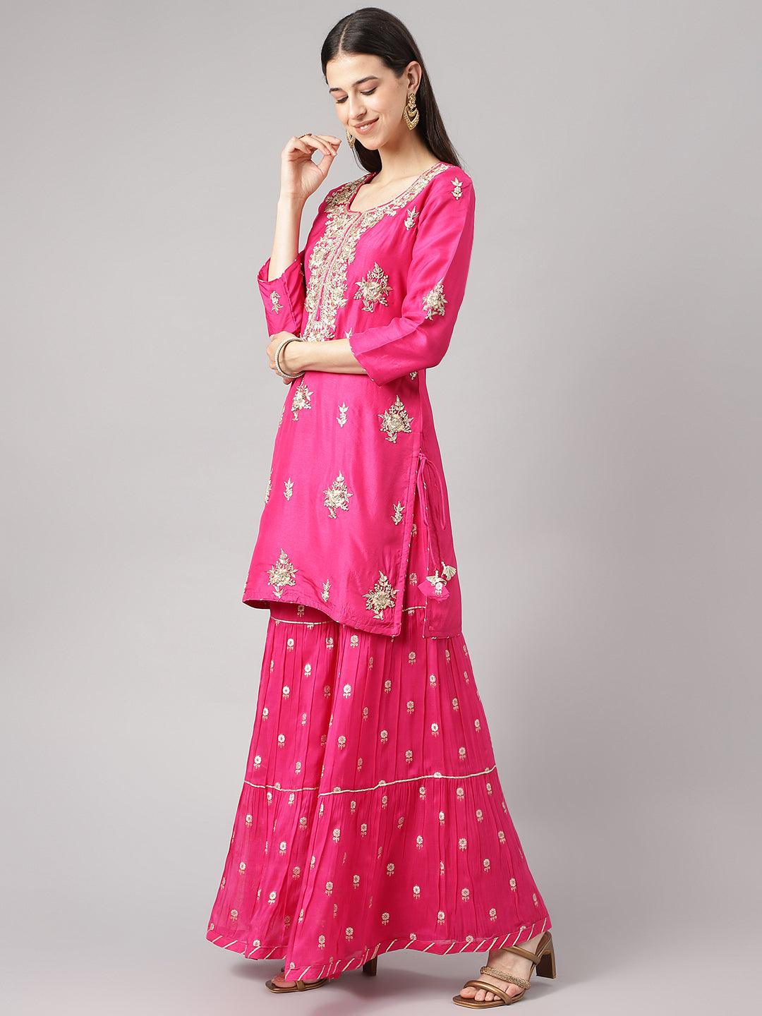 Dark-Pink-Russion-Silk-Hand-Embroiderd-3-Piece-Sharara-Set