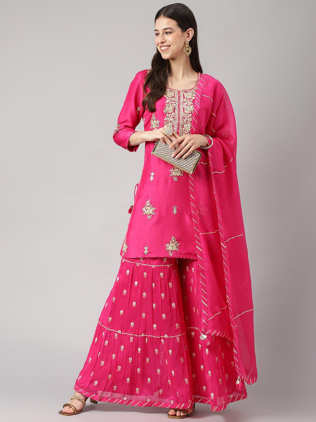 Dark-Pink-Russion-Silk-Hand-Embroiderd-3-Piece-Sharara-Set