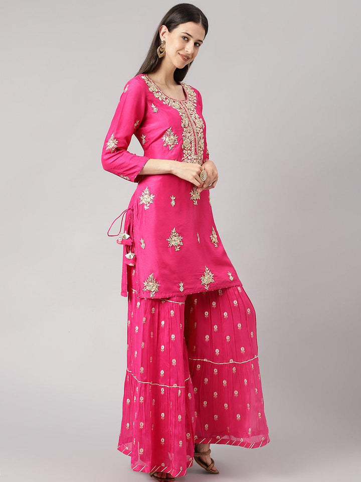 Dark-Pink-Russion-Silk-Hand-Embroiderd-3-Piece-Sharara-Set