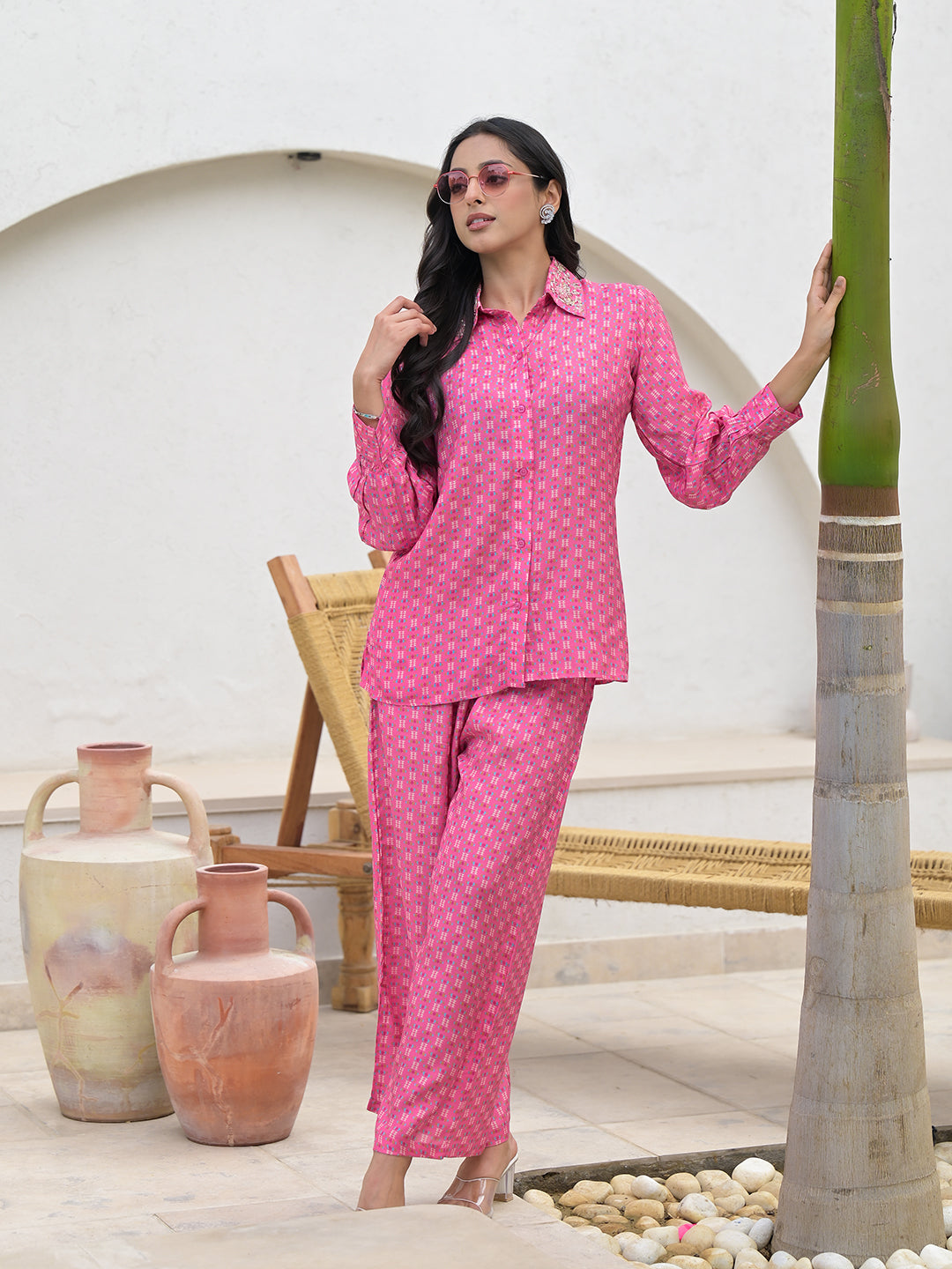Pink-Muslin-Abstract-Print-Shirt-&-Trouser-Co-Ord-Set