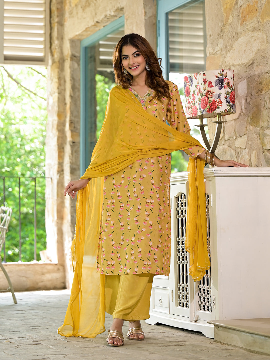 Yellow-Muslin-Floral-Printed-Bead-Work-3-Piece-Kurta-Set