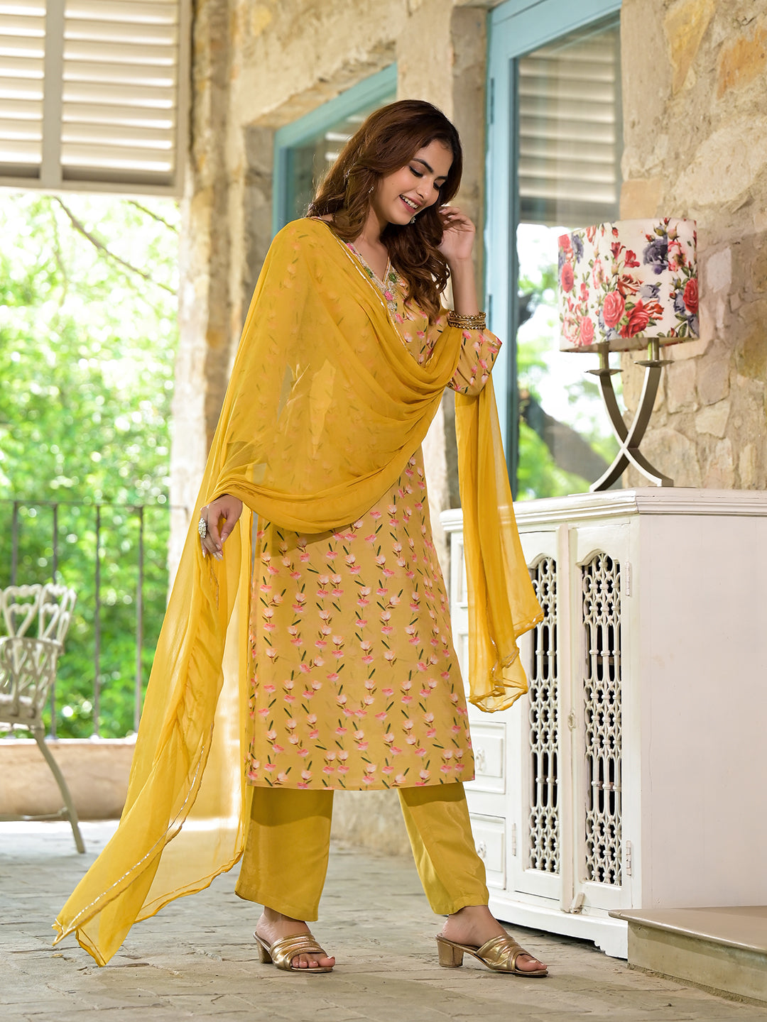 Yellow-Muslin-Floral-Printed-Bead-Work-3-Piece-Kurta-Set